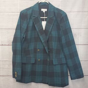 NWT Free Assembly WOMENS Double Breasted Plaid Blazer Green Black Large